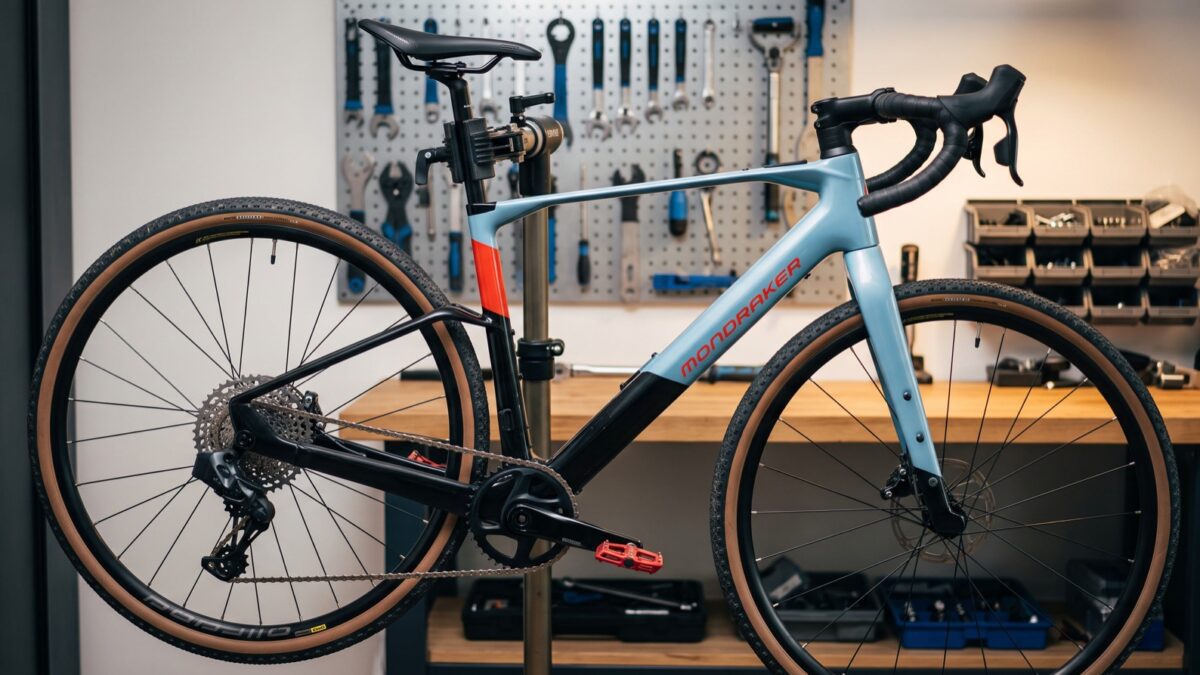 Mondraker Dusty RR im Montageständer einer Heimwerkstatt