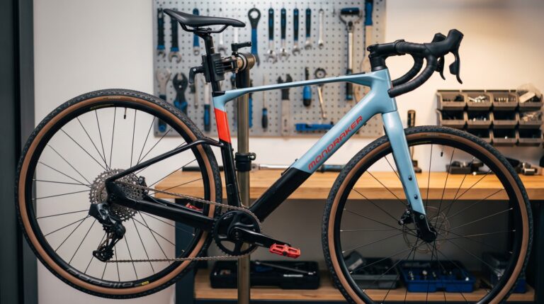 Mondraker Dusty RR im Montageständer einer Heimwerkstatt