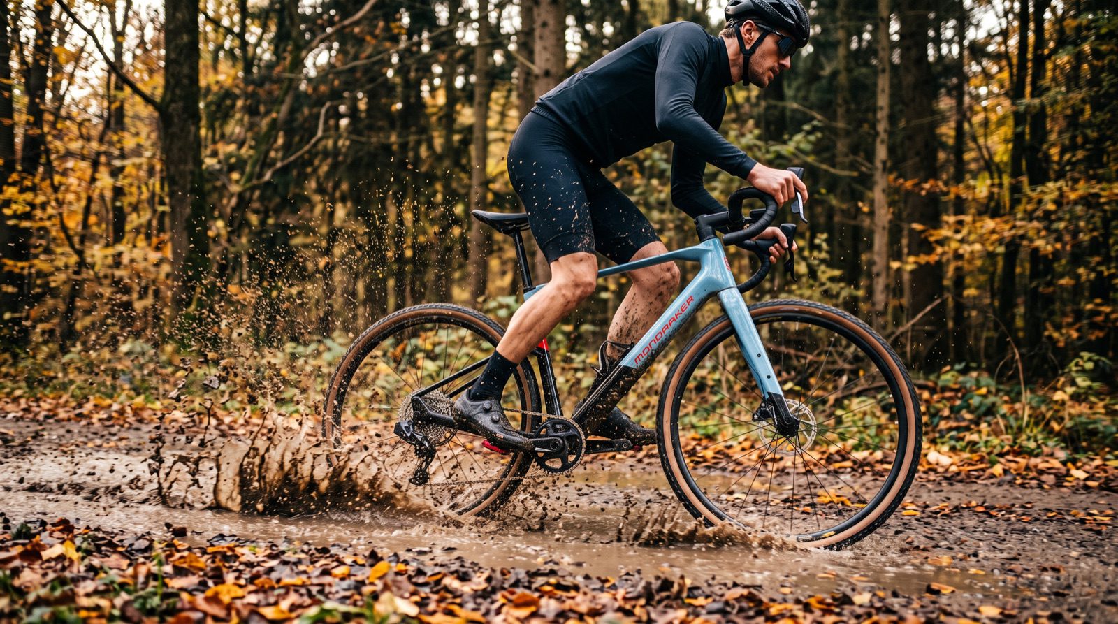 E-Gravelbike fährt durch eine Schlammpfütze im Herbstwald
