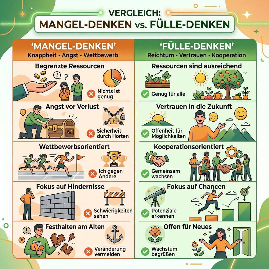 Wohlstand von innen: Wie Denkblockaden das Wohlbefinden sabotieren 2 Infografik: Mangel-Denken vs. Fülle-Denken – direkter Vergleich