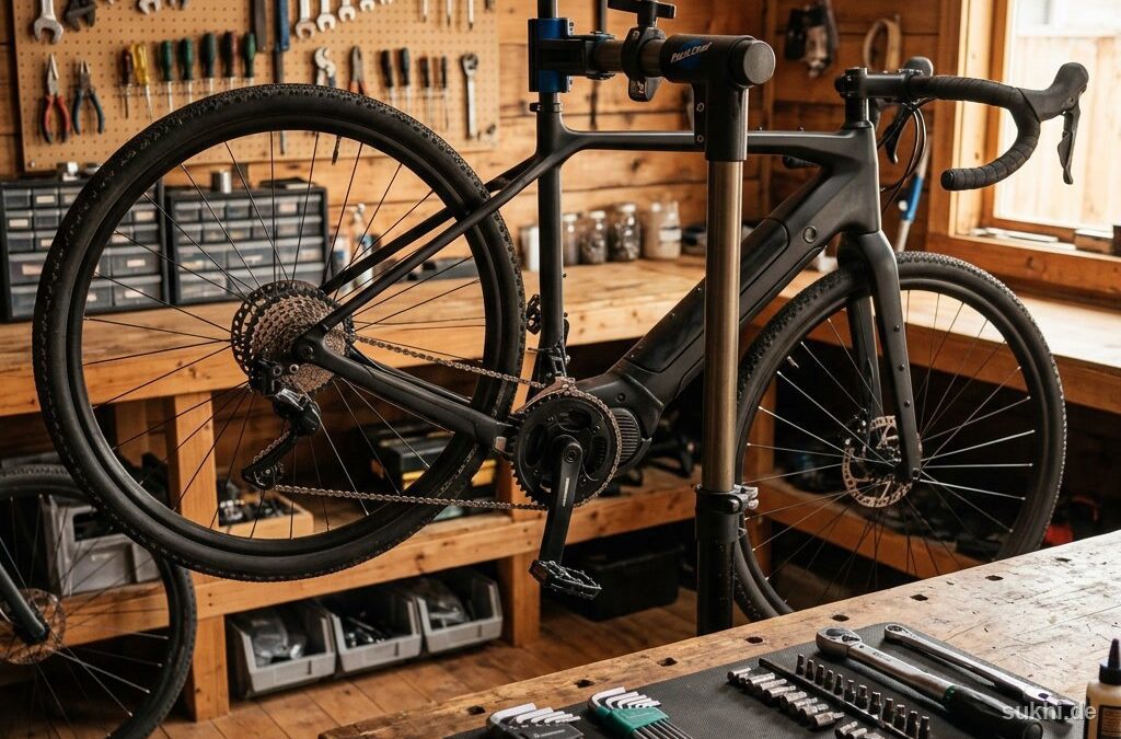 Gravel-E-Bike im Montageständer einer Heimwerkstatt mit Werkzeug