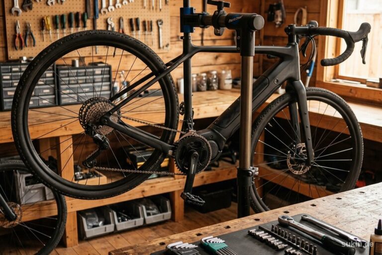Gravel-E-Bike im Montageständer einer Heimwerkstatt mit Werkzeug