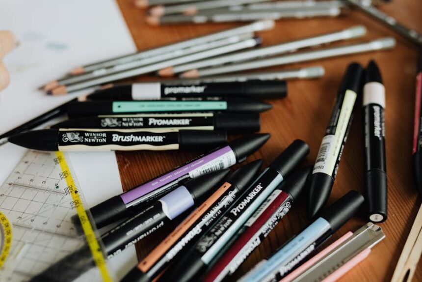 modulor berlin - Scattered stationery of colourful drawing markers and pencils on working table of a