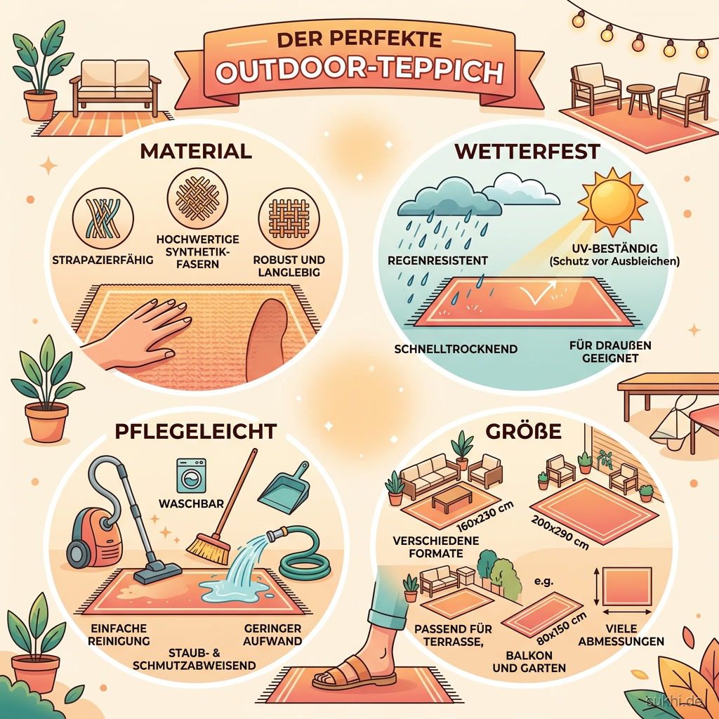 Infografik zu Outdoor-Teppich: Material, Wetterfestigkeit, Pflegeleichtigkeit und Größe im Überblick
