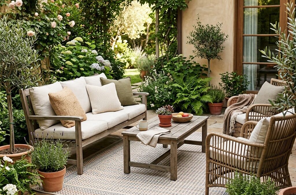 Outdoor-Teppich auf gemütlicher Terrasse mit Gartenmöbeln