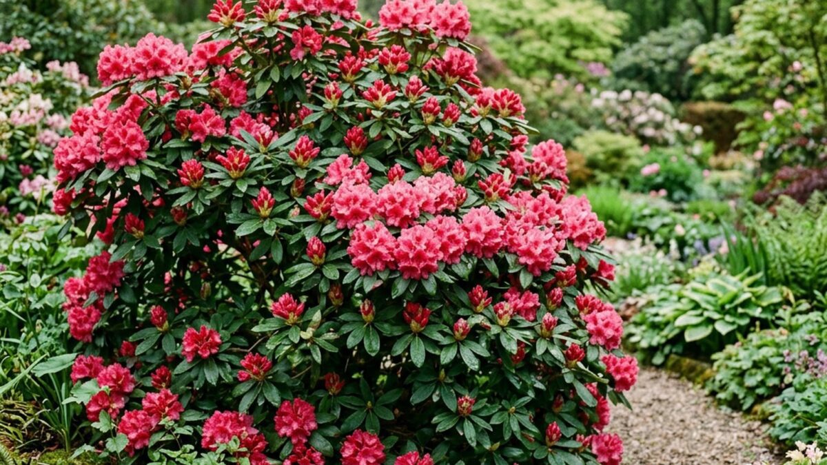 Blühender Rhododendronstrauch im Garten