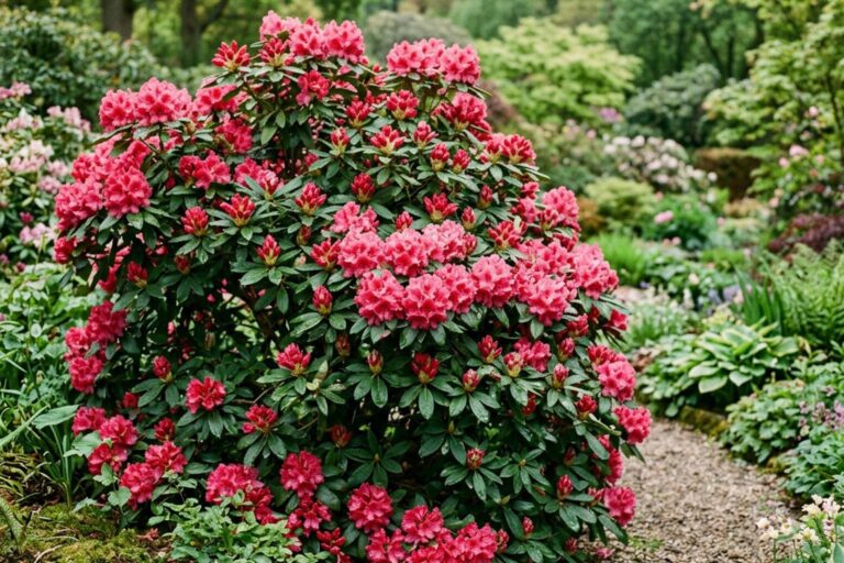 Blühender Rhododendronstrauch im Garten