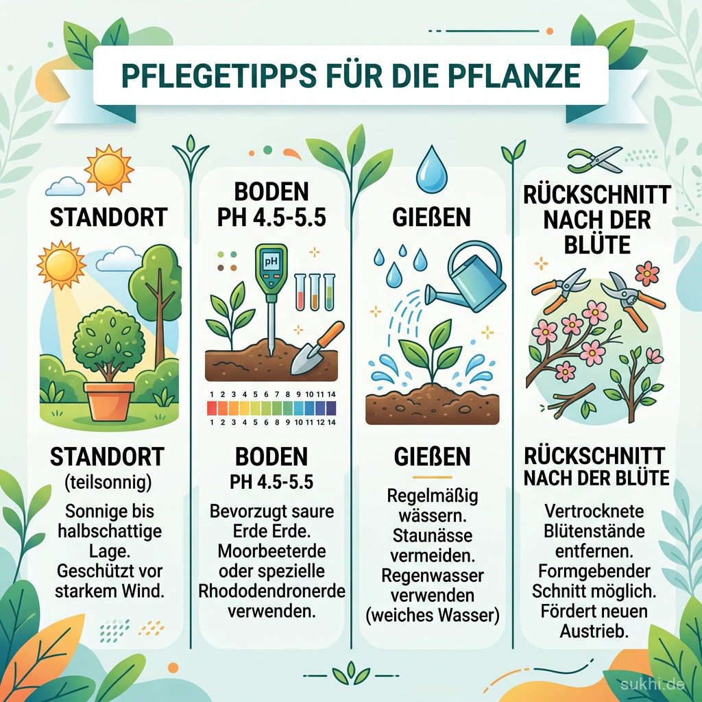 Infografik: Standort, Boden-pH-Wert zwischen 4,5 und 5,5, Gießen und Rückschnitt nach der Blüte bei der Rhododendron Pflege
