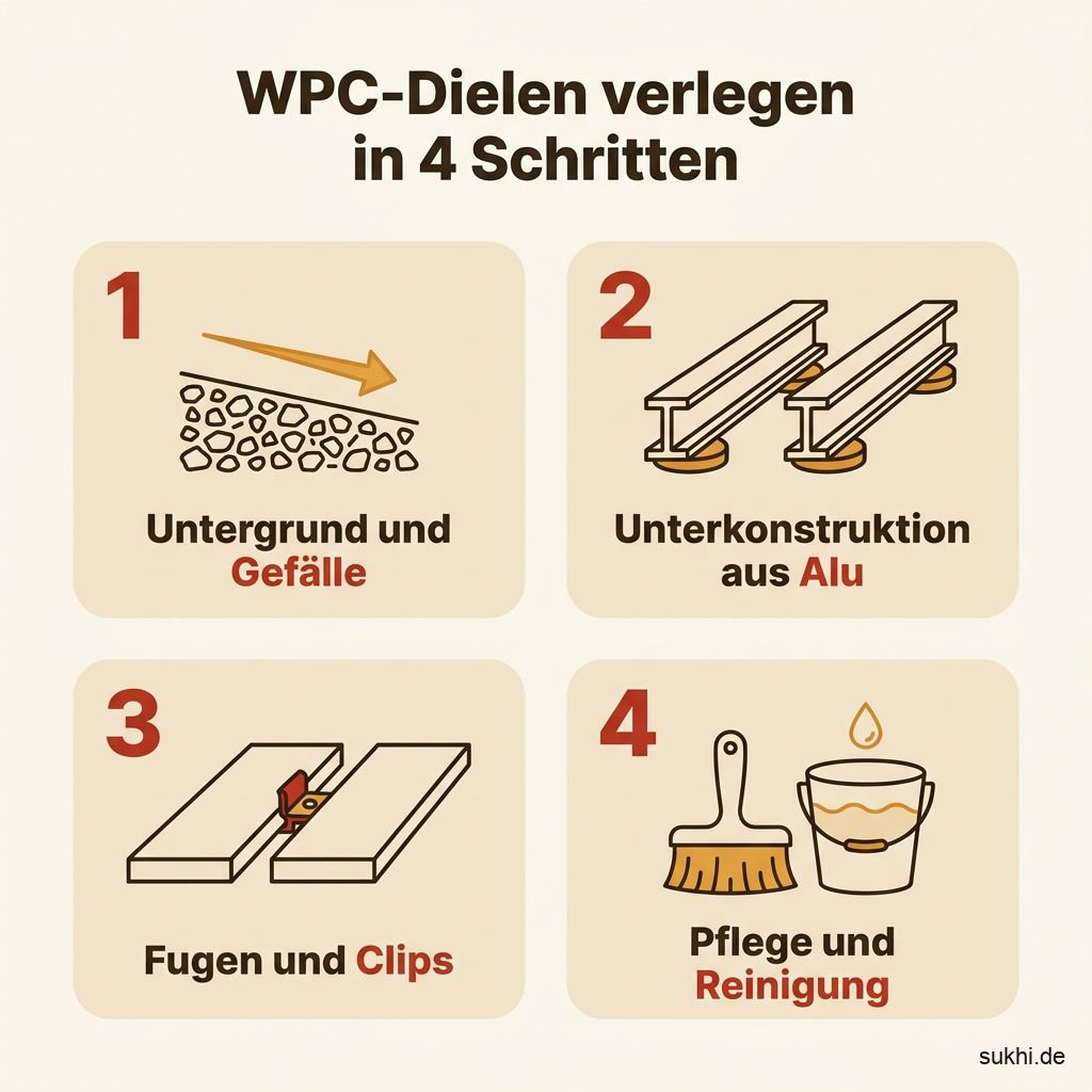 Infografik: WPC Terrassendielen verlegen in vier Schritten von Untergrund bis Pflege