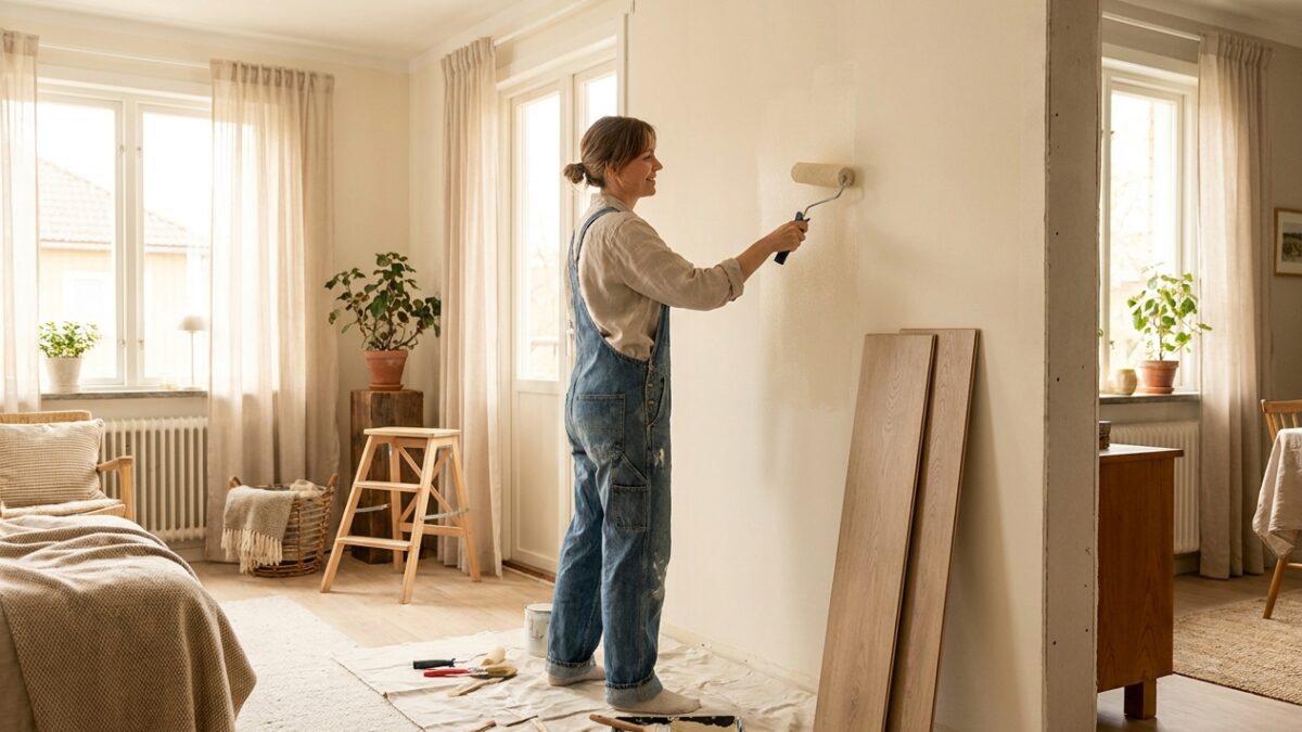 Person streicht eine Wand mit hellem Farbton, daneben Klick-Vinyl-Dielen und Trittleiter beim Selbst-Renovieren