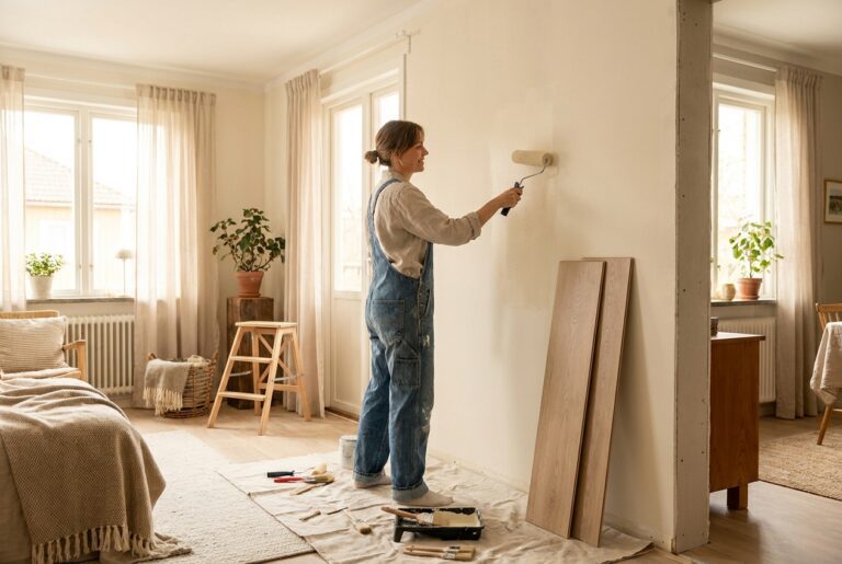 Person streicht eine Wand mit hellem Farbton, daneben Klick-Vinyl-Dielen und Trittleiter beim Selbst-Renovieren