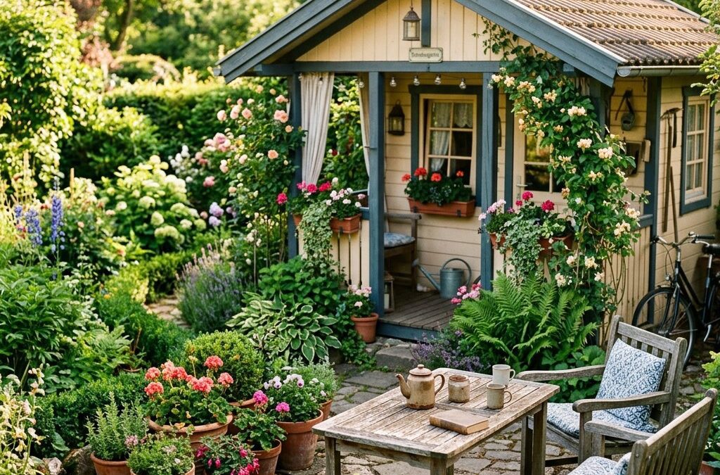 Gemütliche Gartenlaube im Kleingarten mit Gartenmöbeln und Blumen