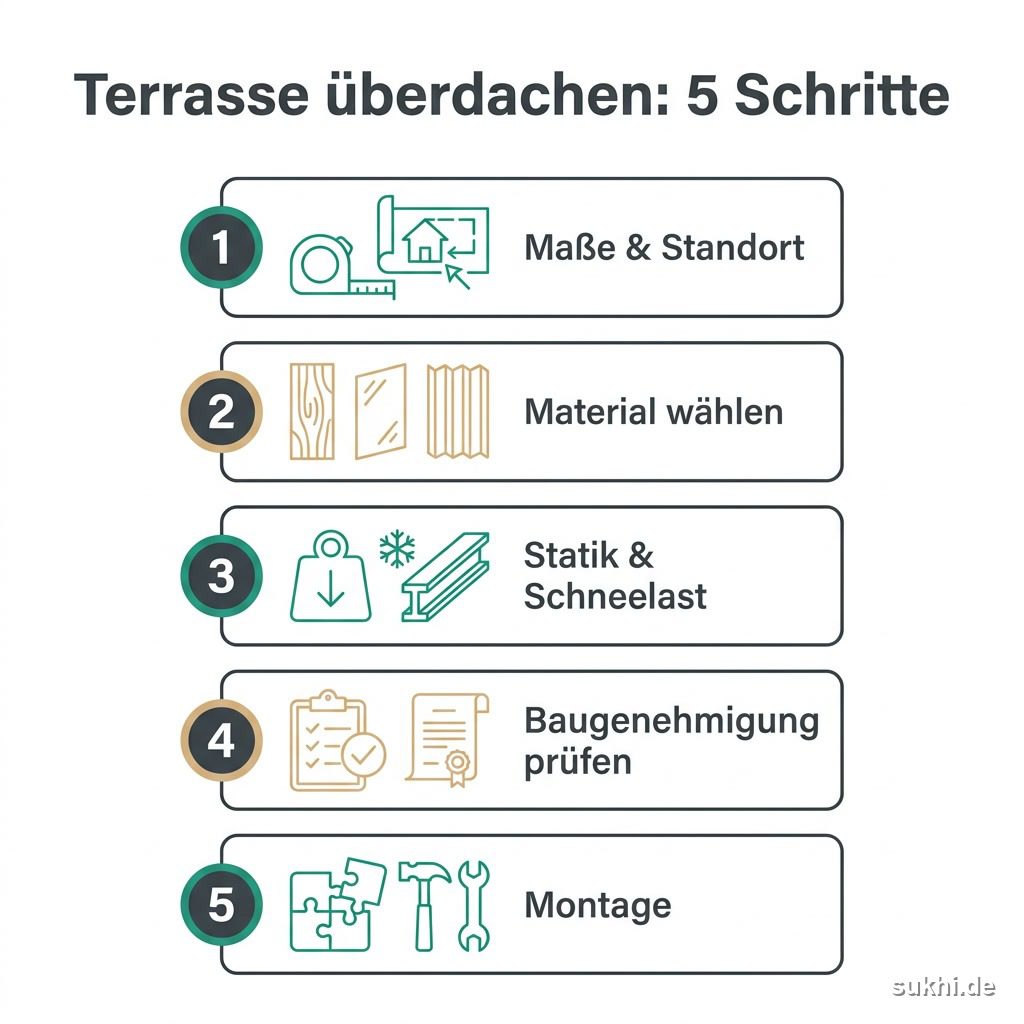 Terrasse ueberdachen in 5 Schritten: Masse, Material waehlen, Statik und Schneelast, Baugenehmigung pruefen, Montage