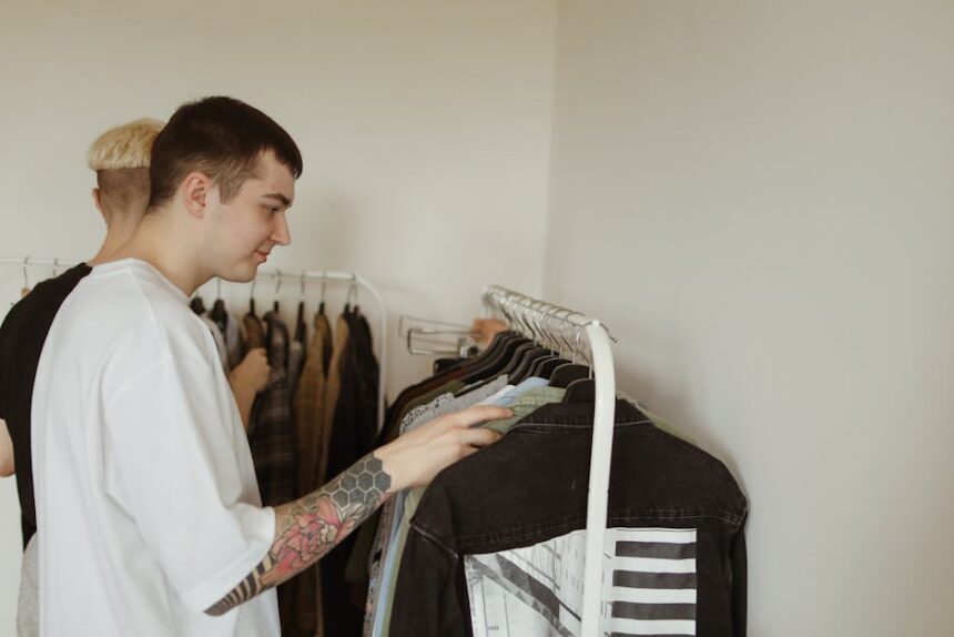 walbusch solingen - Two young men browsing clothes on racks in a trendy boutique store setting.