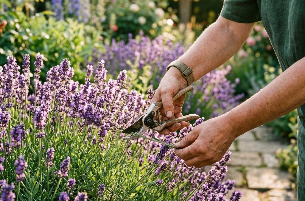 Haende schneiden einen Lavendelbusch mit einer Gartenschere im Sonnenlicht