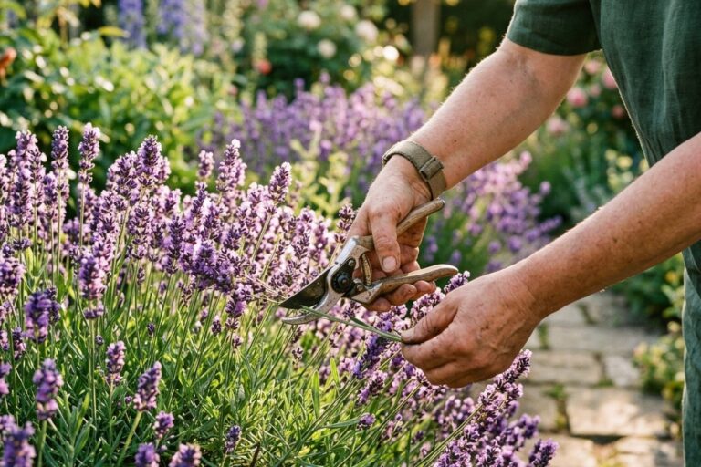 Haende schneiden einen Lavendelbusch mit einer Gartenschere im Sonnenlicht