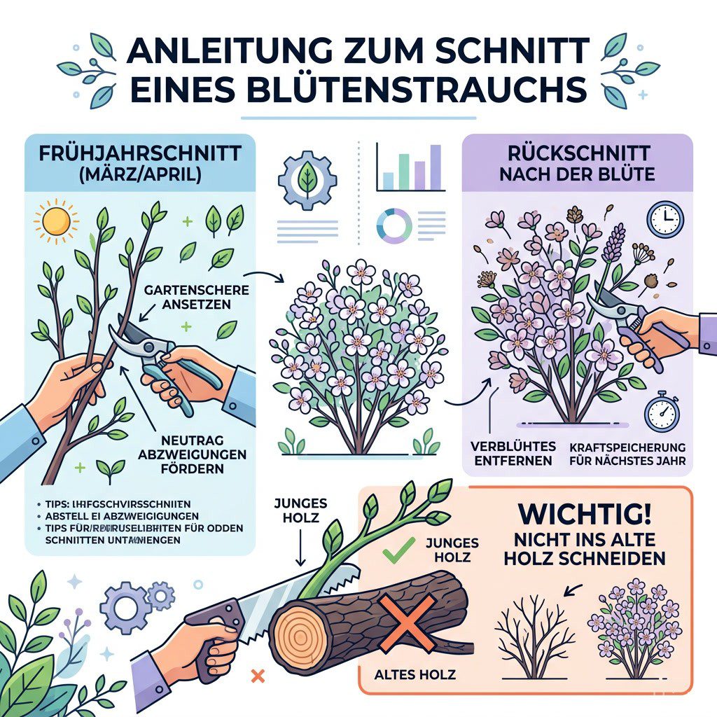 Infografik zu den zwei Schnitt-Zeitpunkten beim Lavendel: Fruehjahrsschnitt im Maerz oder April und Rueckschnitt nach der Bluete, mit dem Hinweis, nicht ins alte Holz zu schneiden